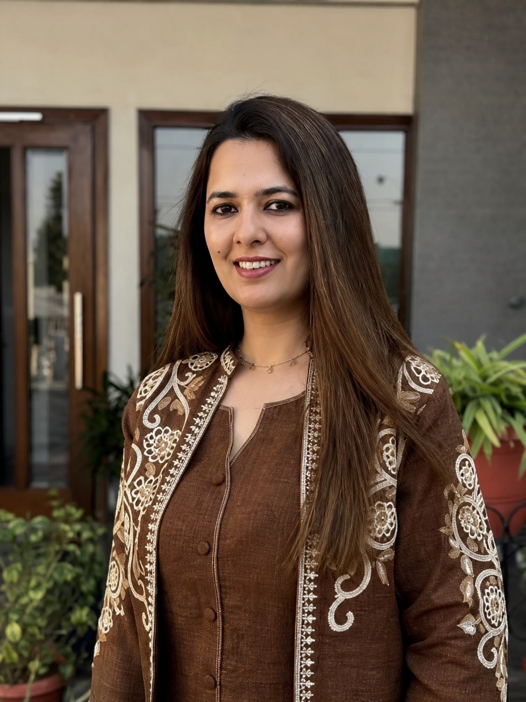 Brown Embroidered Cotton Flex Top and Pant Set with Jacket