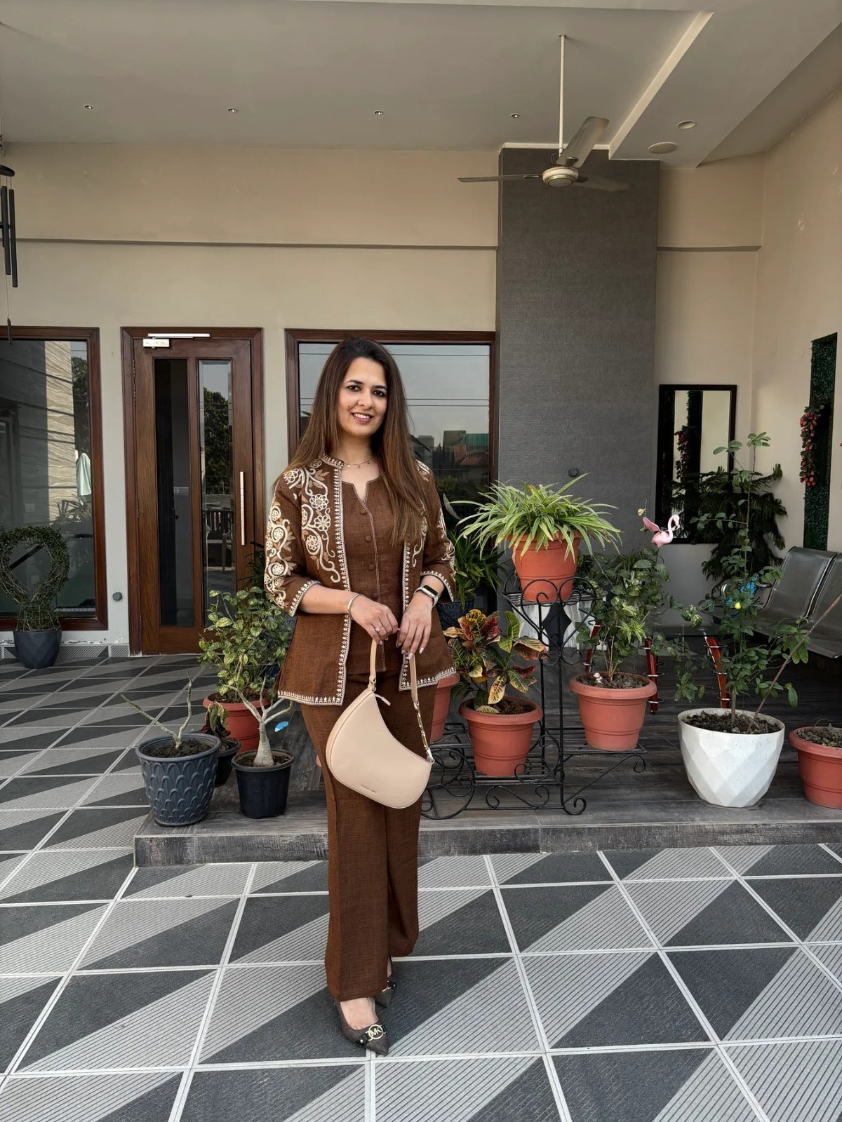 Brown Embroidered Cotton Flex Top and Pant Set with Jacket
