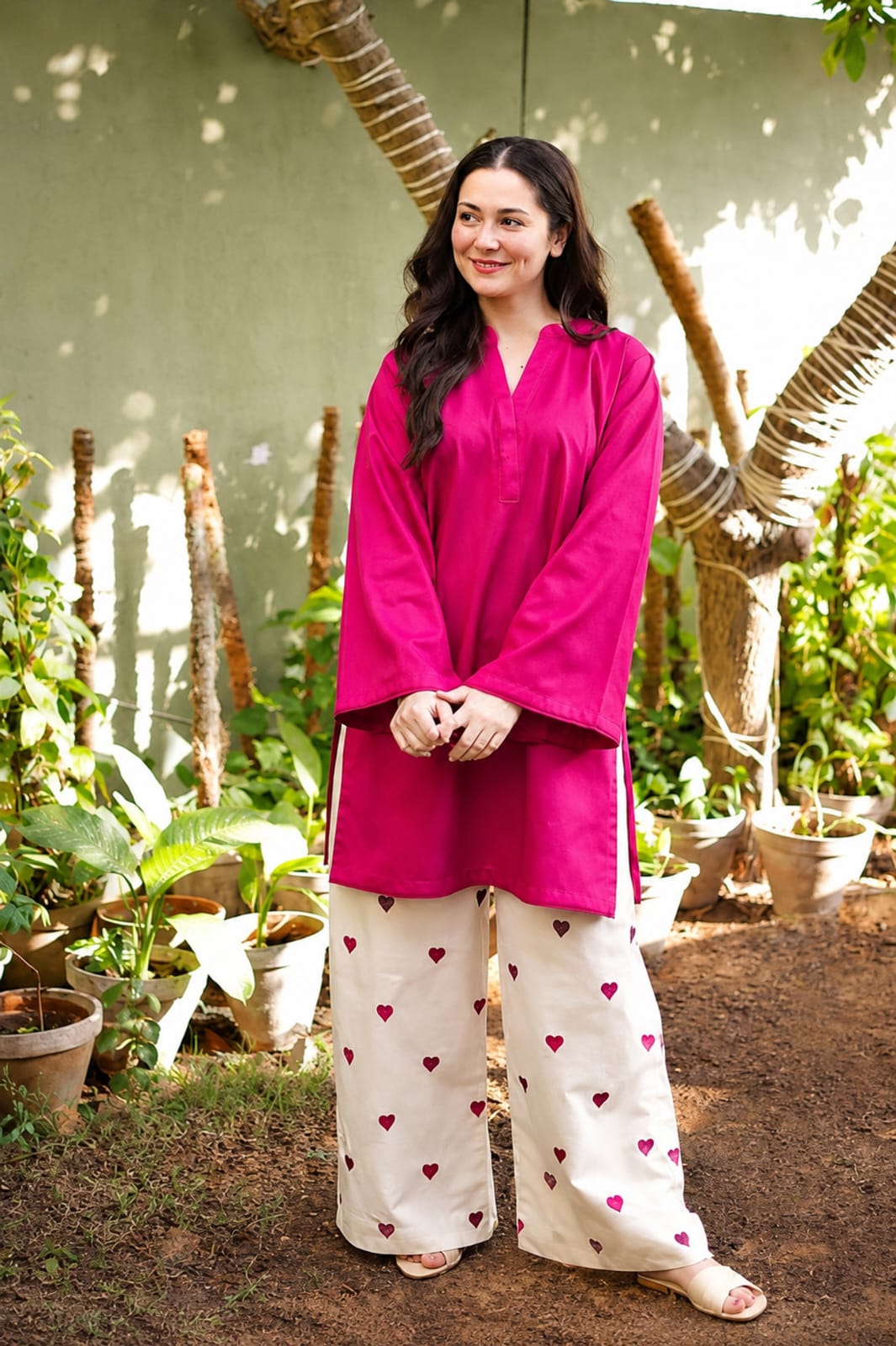 Pink Embroidered Cotton Kurta and Palazzo Set