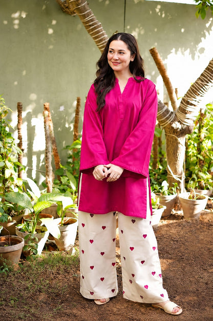 Pink Embroidered Cotton Kurta and Palazzo Set