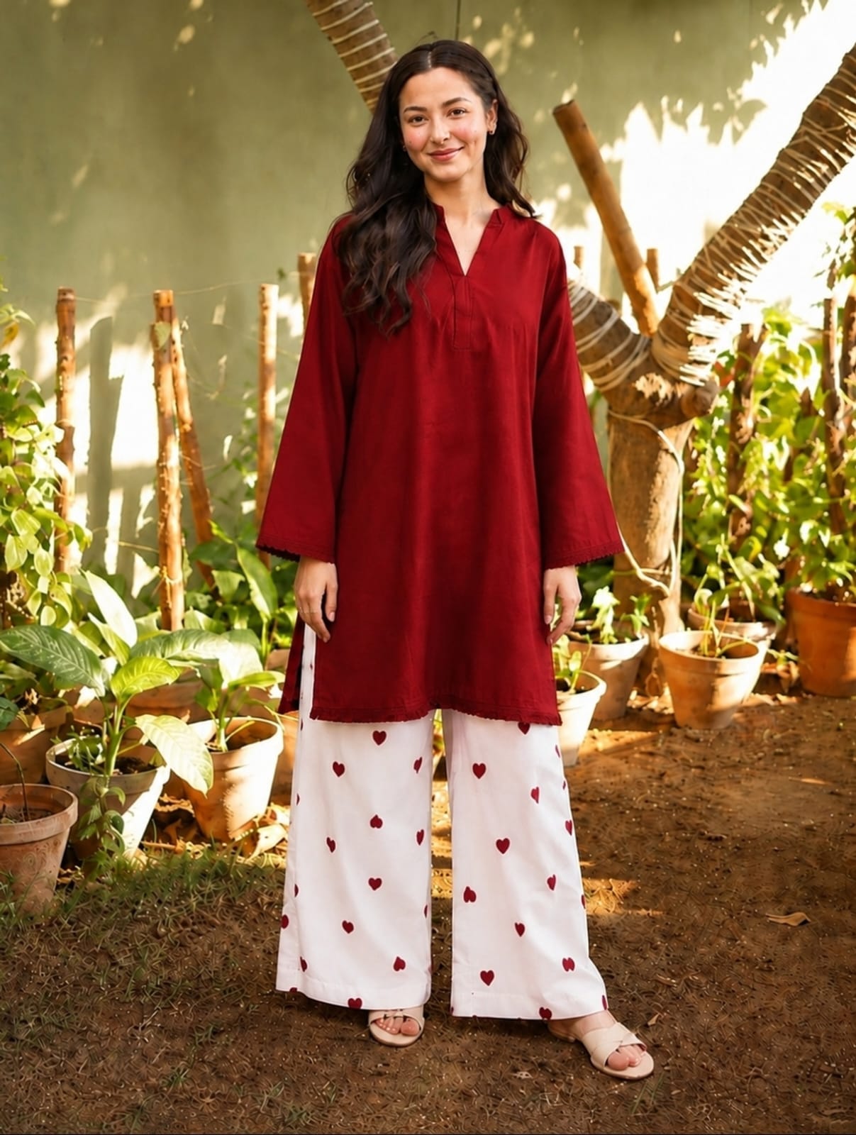 Maroon Embroidered Cotton Kurta and Palazzo Set