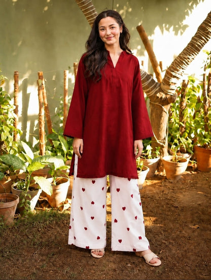 Maroon Embroidered Cotton Kurta and Palazzo Set