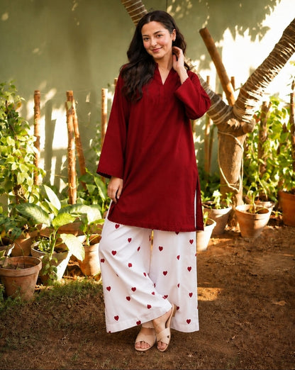 Maroon Embroidered Cotton Kurta and Palazzo Set