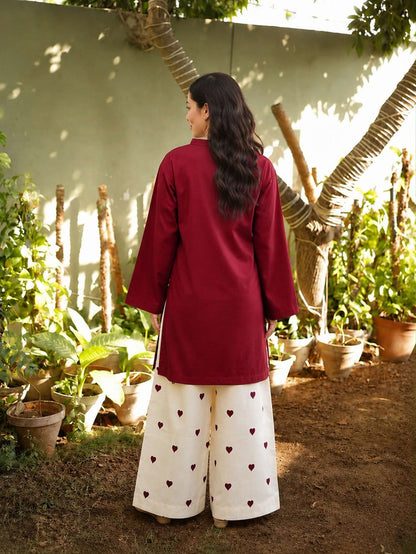 Maroon Embroidered Cotton Kurta and Palazzo Set