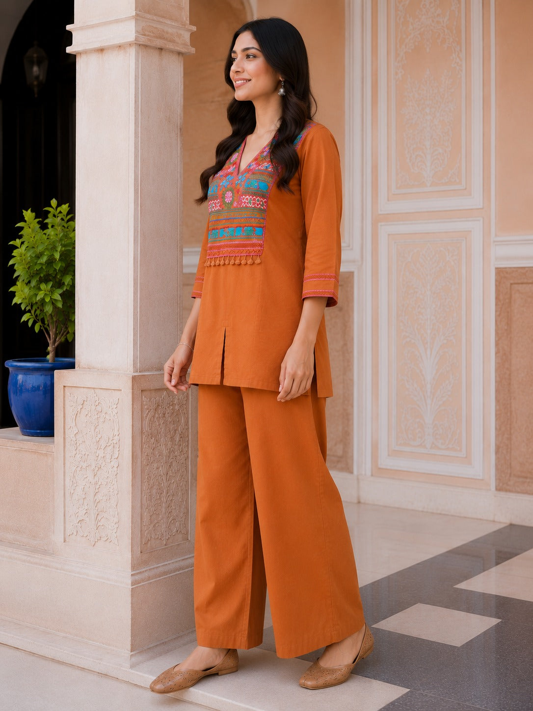 Dull Orange Embroidered Cotton Co-Ord Set