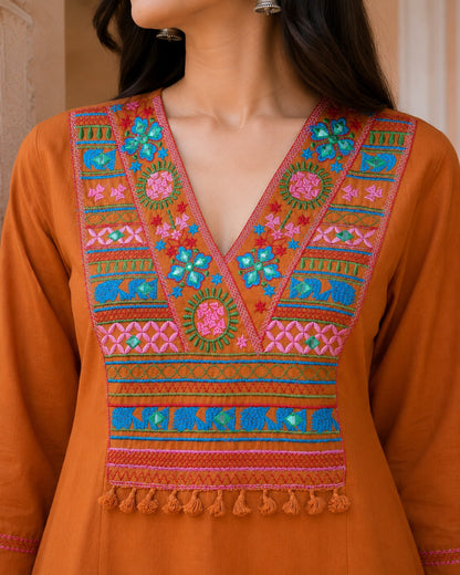 Dull Orange Embroidered Cotton Co-Ord Set