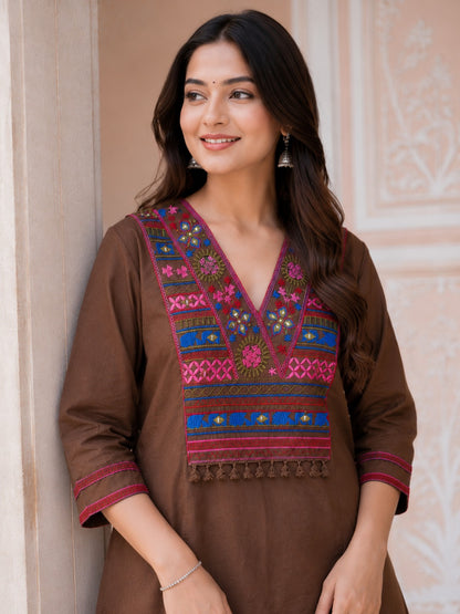 Brown Embroidered Cotton Co-Ord Set