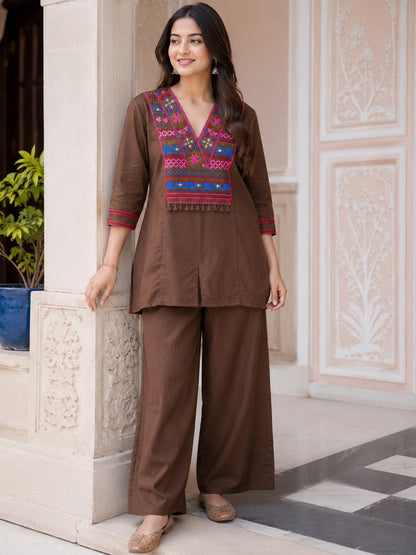 Brown Embroidered Cotton Co-Ord Set