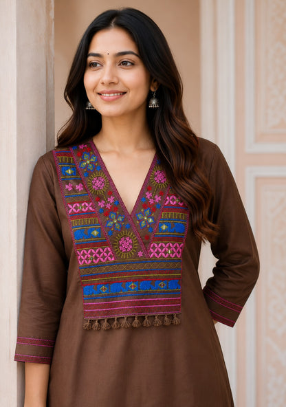 Brown Embroidered Cotton Co-Ord Set