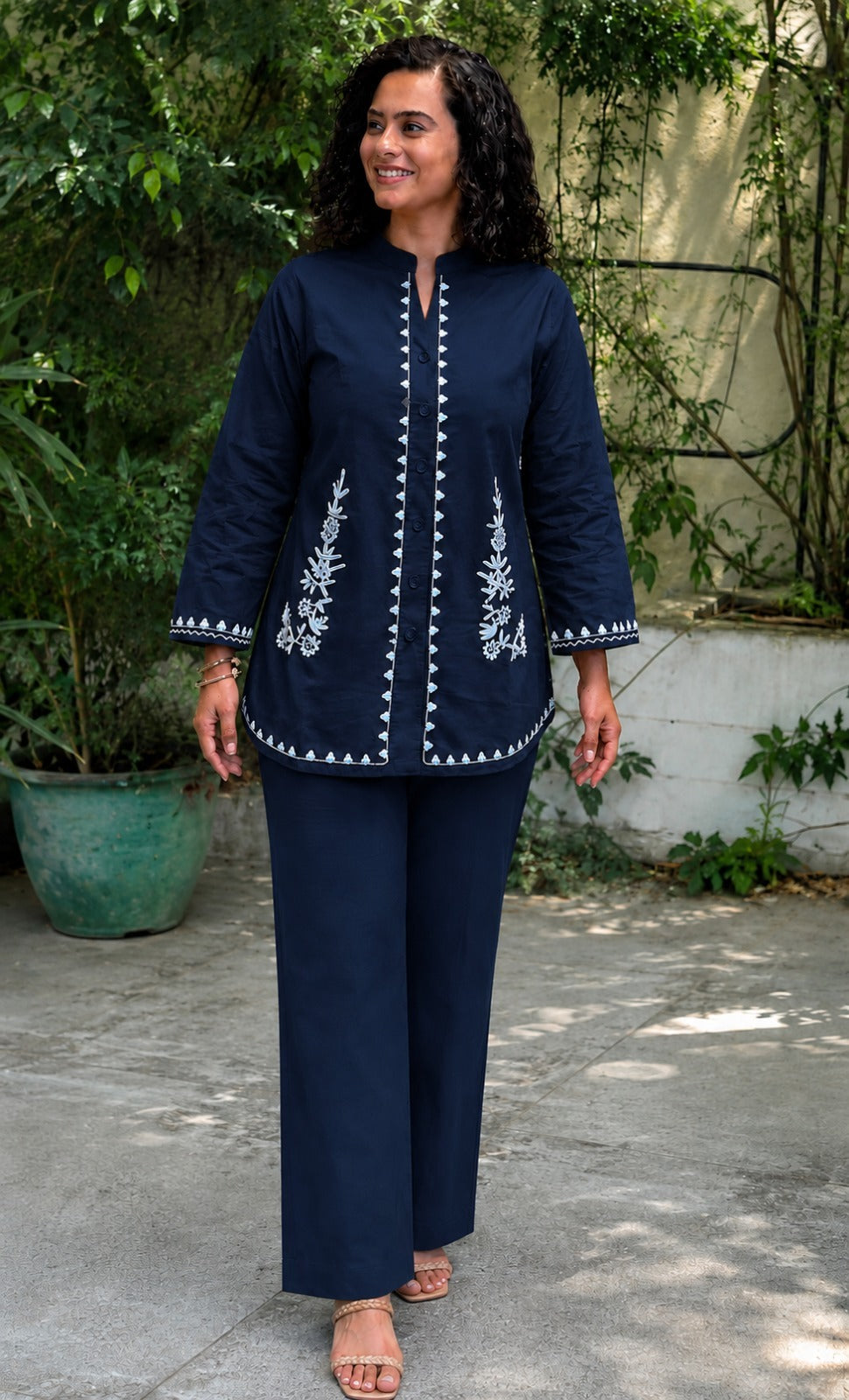 Navy Blue Embroidered Cotton Slub Co-Ord Set