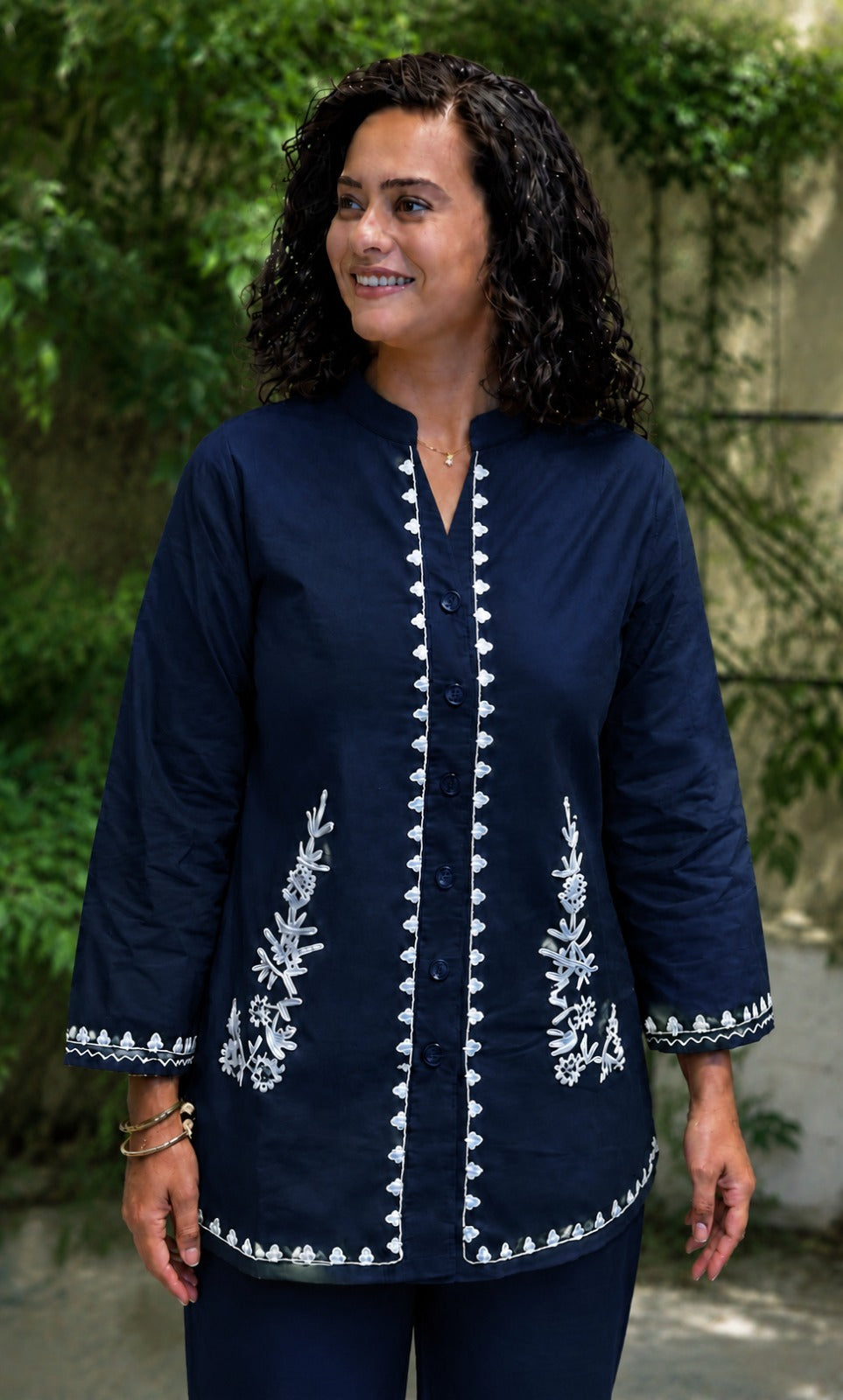 Navy Blue Embroidered Cotton Slub Co-Ord Set