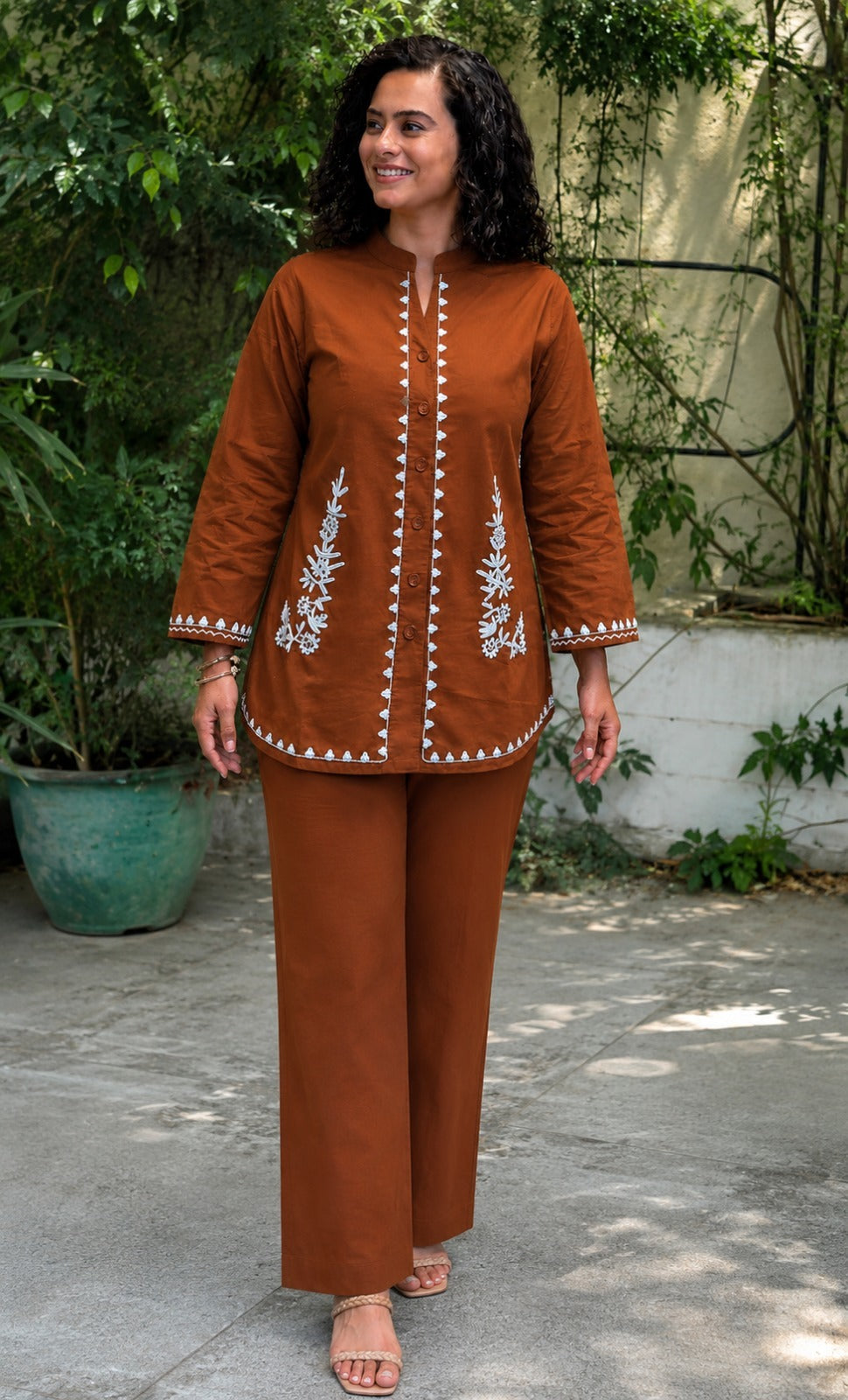 Rust Orange Embroidered Cotton Slub Co-Ord Set