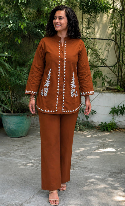 Rust Orange Embroidered Cotton Slub Co-Ord Set