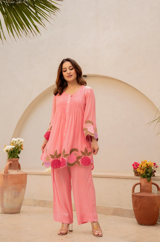 Rose Gold Embroidered Cotton Co-Ord Set