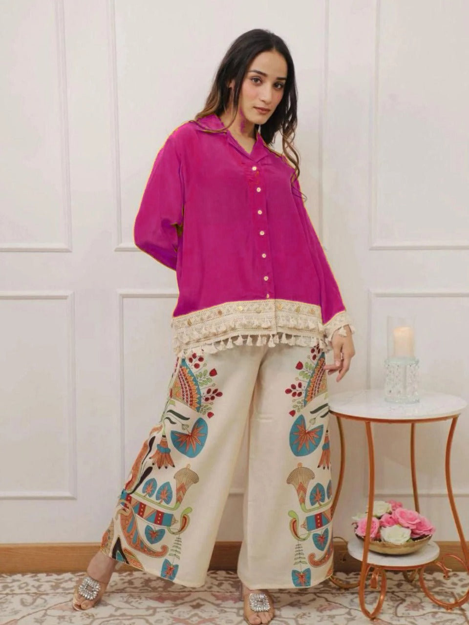 Pink Lace Work Cotton Flex Co-Ord Set