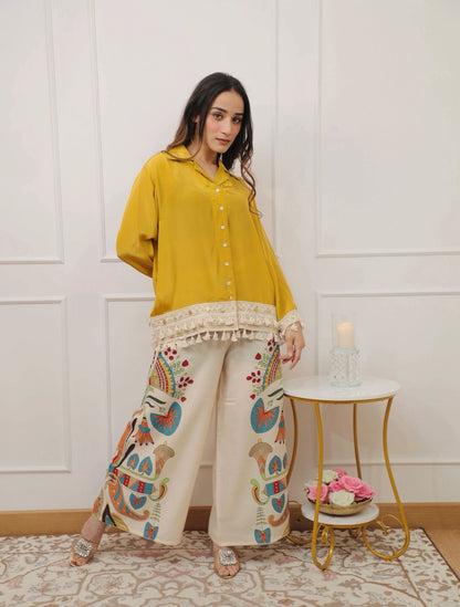 Yellow Lace Work Cotton Flex Co-Ord Set