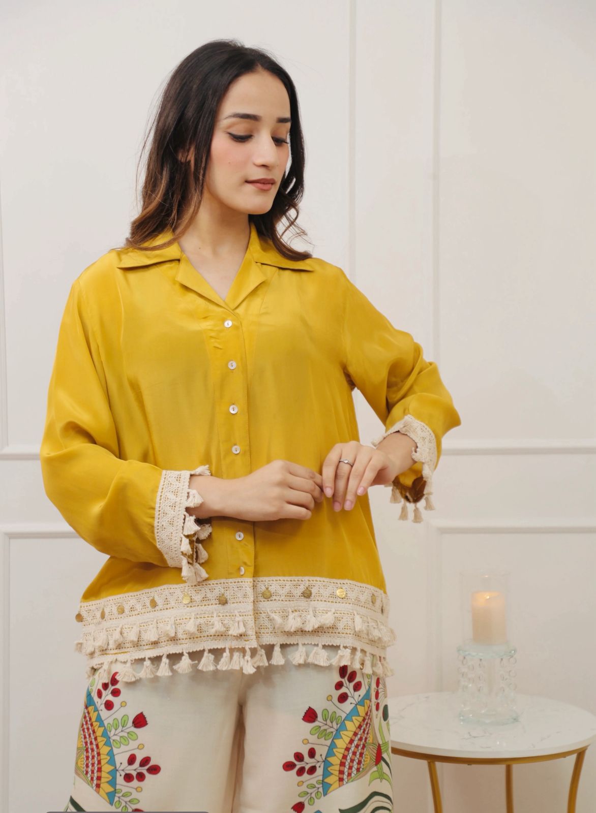Yellow Lace Work Cotton Flex Co-Ord Set