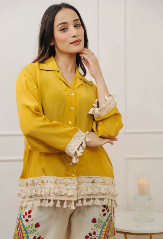 Yellow Lace Work Cotton Flex Co-Ord Set