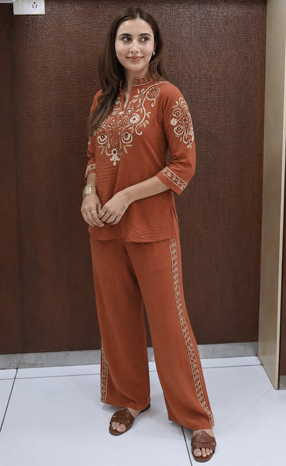 Rust Brown Embroidered Cotton Slub Co-Ord Set