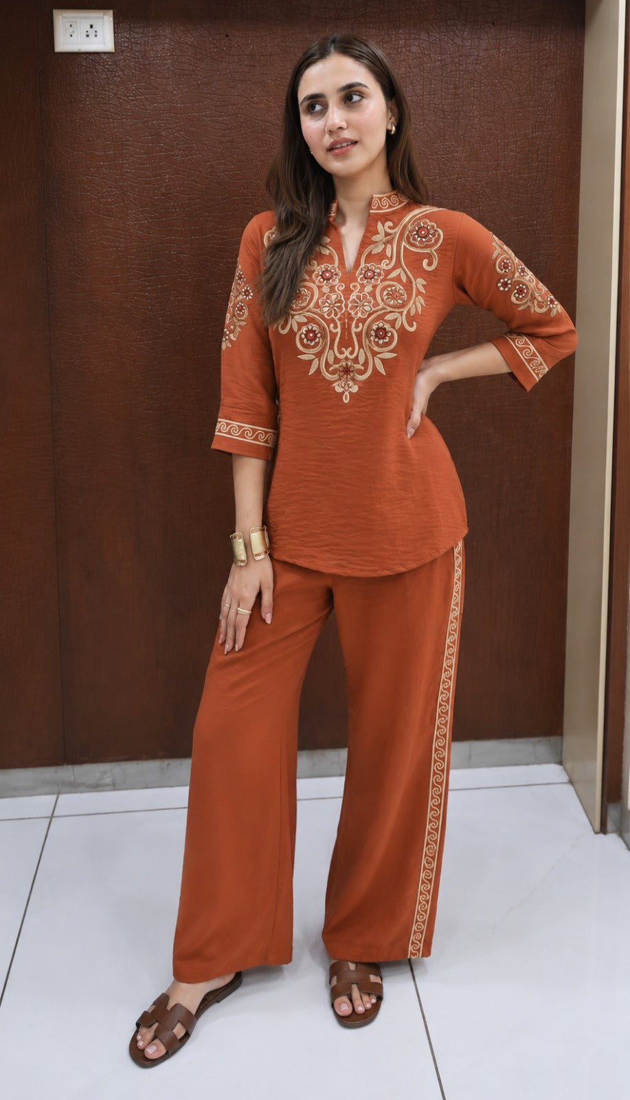 Rust Brown Embroidered Cotton Slub Co-Ord Set