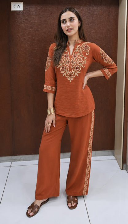 Rust Brown Embroidered Cotton Slub Co-Ord Set