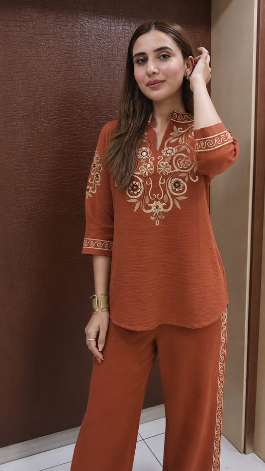 Rust Brown Embroidered Cotton Slub Co-Ord Set