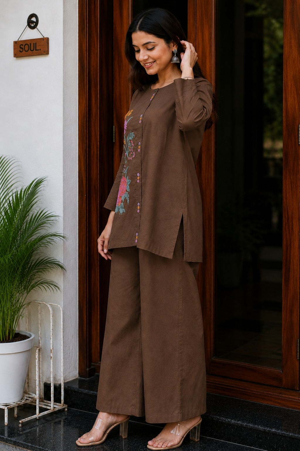 Brown Embroidered Cotton Co-Ord Set