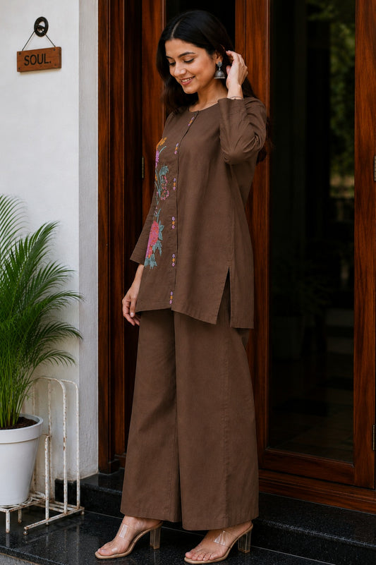 Brown Embroidered Cotton Co-Ord Set