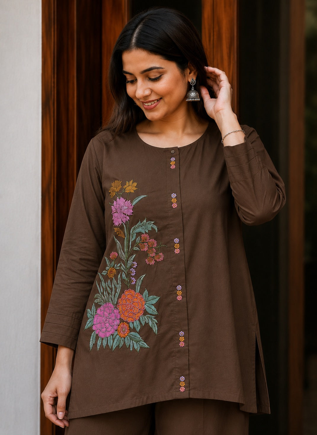 Brown Embroidered Cotton Co-Ord Set