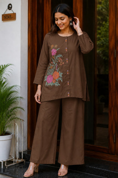 Brown Embroidered Cotton Co-Ord Set