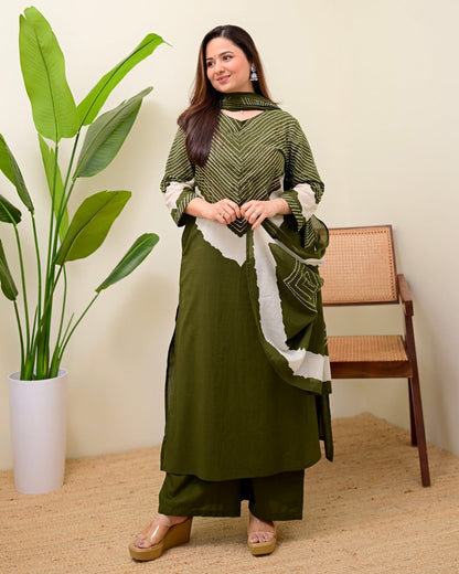 Green Mirror Work Cotton Kurta and Pant Set with Dupatta