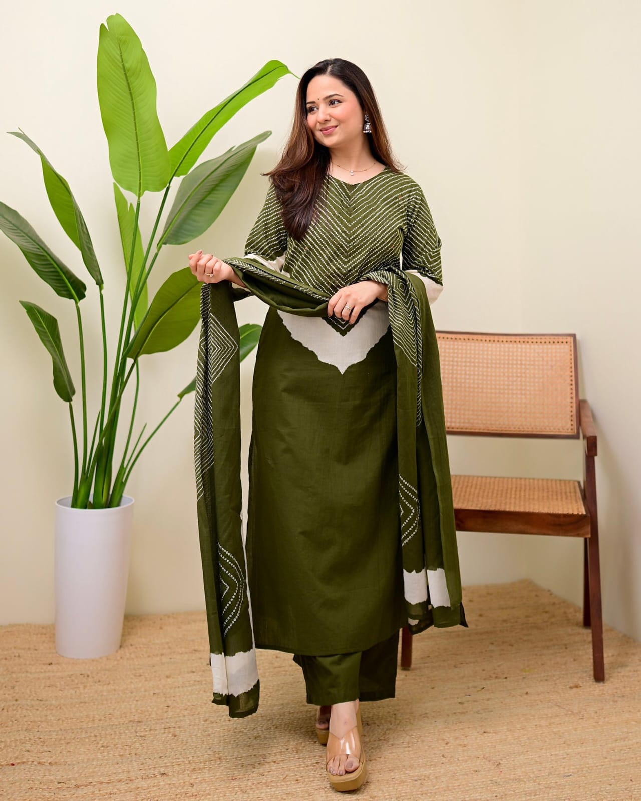 Green Mirror Work Cotton Kurta and Pant Set with Dupatta