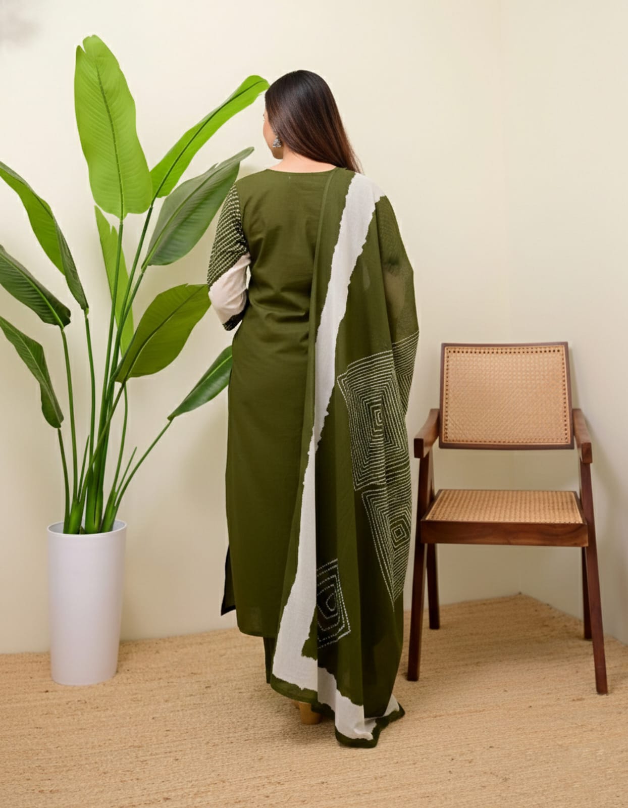 Green Mirror Work Cotton Kurta and Pant Set with Dupatta