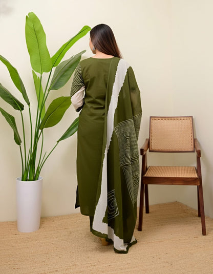 Green Mirror Work Cotton Kurta and Pant Set with Dupatta