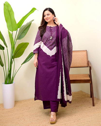 Wine Berry Mirror Work Cotton Kurta and Pant Set with Dupatta