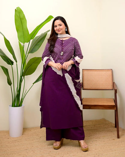 Wine Berry Mirror Work Cotton Kurta and Pant Set with Dupatta