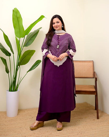 Wine Berry Mirror Work Cotton Kurta and Pant Set with Dupatta