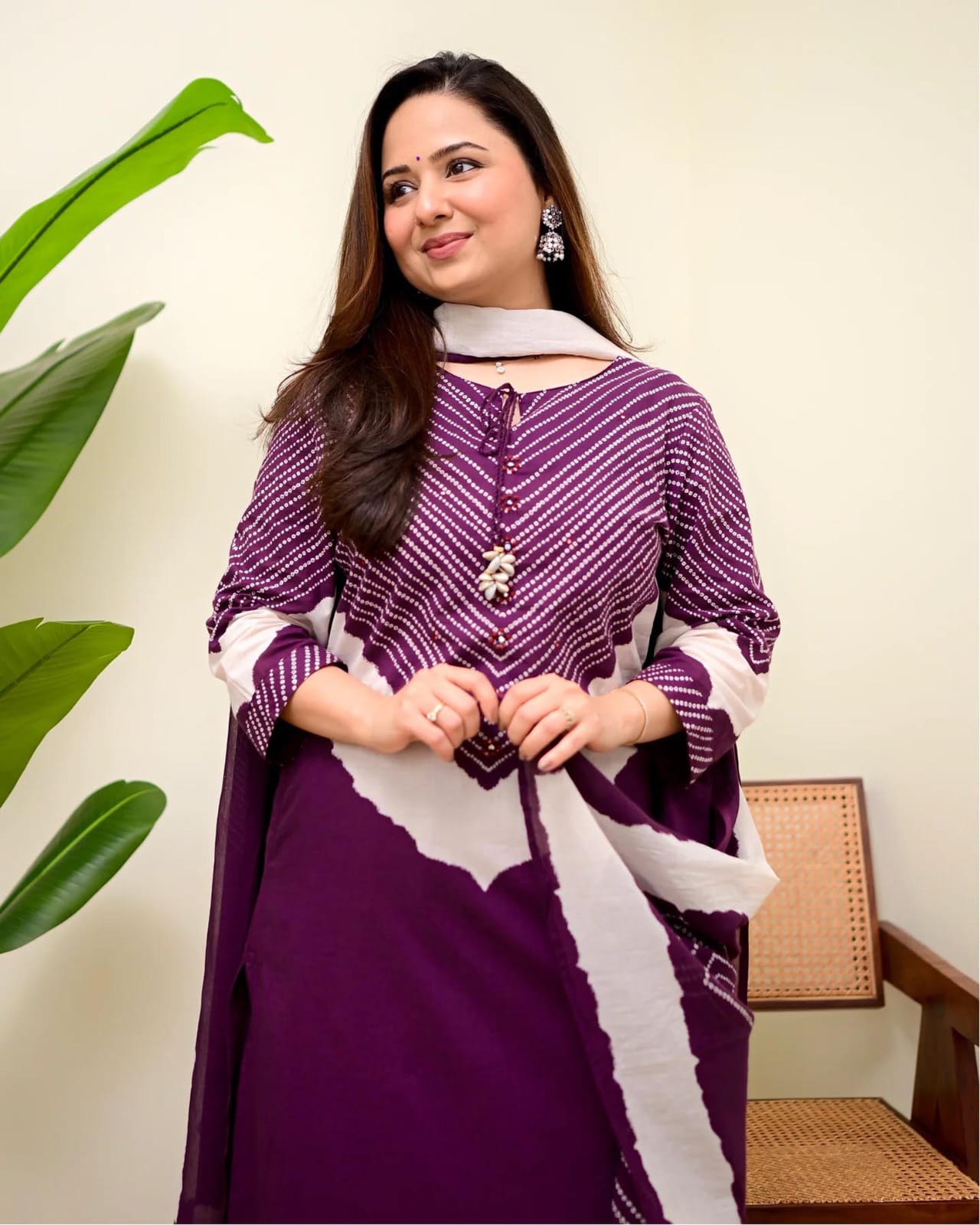 Wine Berry Mirror Work Cotton Kurta and Pant Set with Dupatta