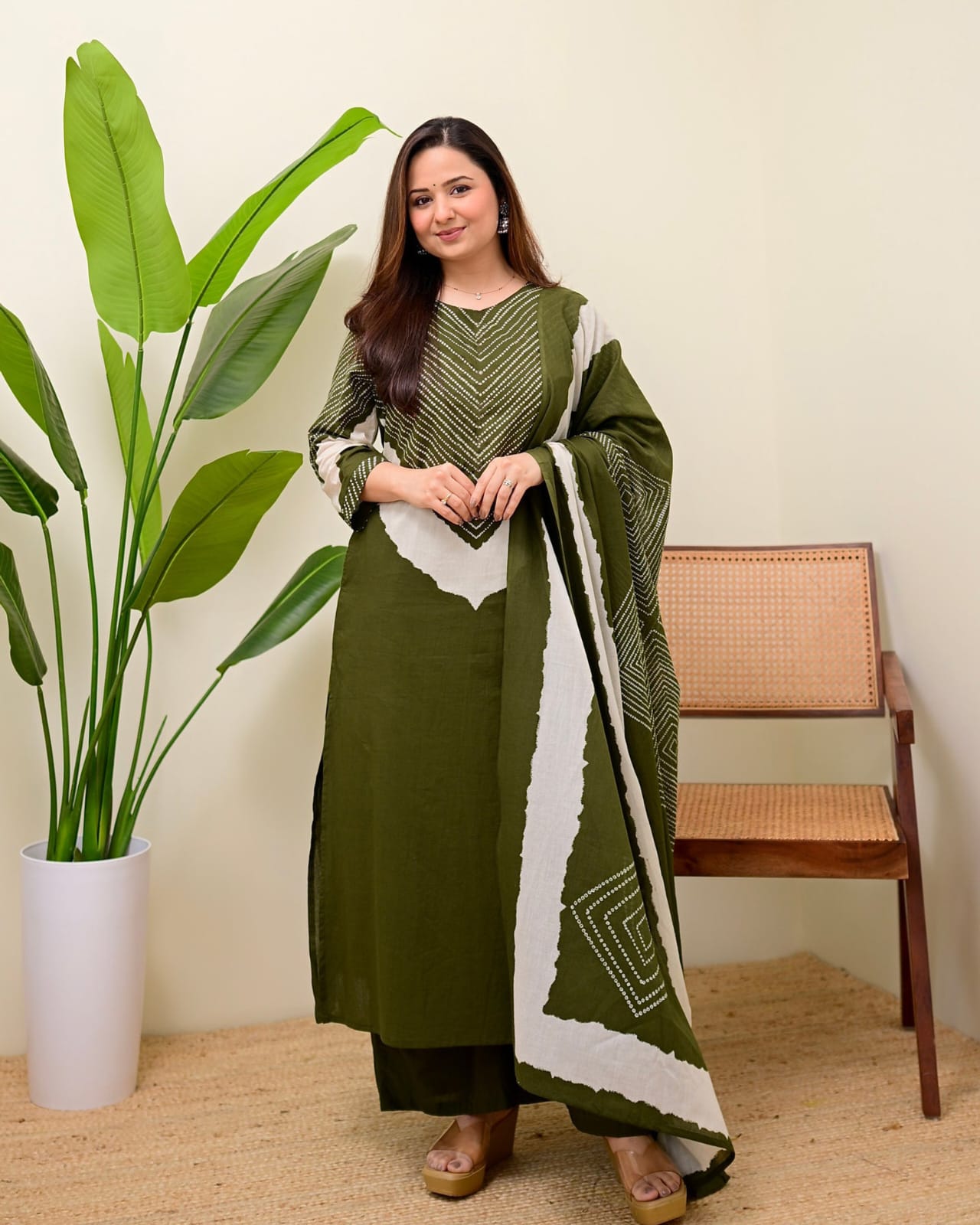 Green Mirror Work Cotton Kurta and Pant Set with Dupatta