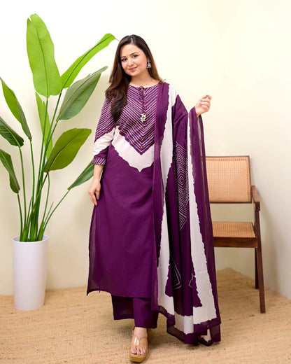 Wine Berry Mirror Work Cotton Kurta and Pant Set with Dupatta
