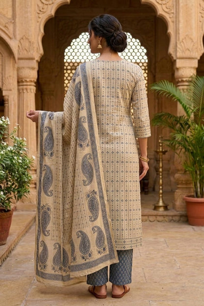 Beige Blue Printed Cotton Kurta and Pant Set with Dupatta