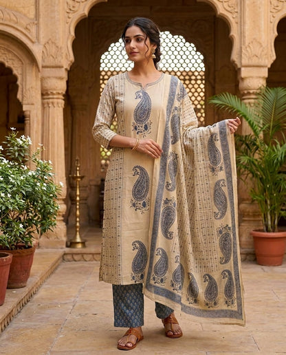 Beige Blue Printed Cotton Kurta and Pant Set with Dupatta