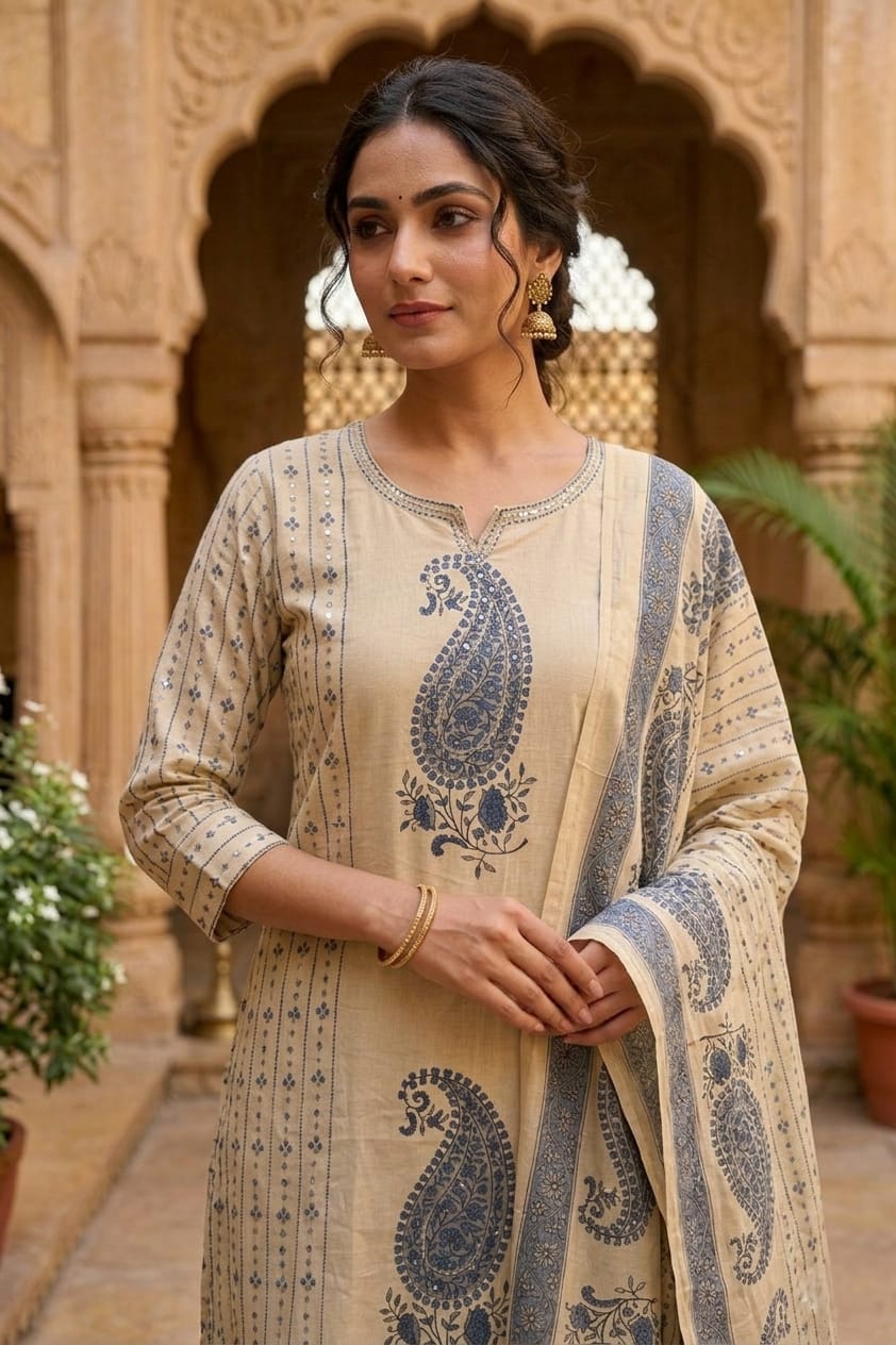 Beige Blue Printed Cotton Kurta and Pant Set with Dupatta