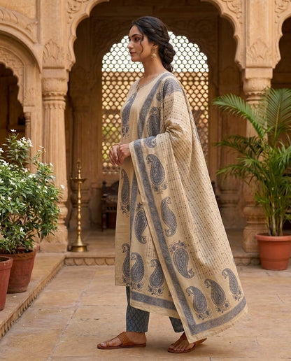 Beige Blue Printed Cotton Kurta and Pant Set with Dupatta