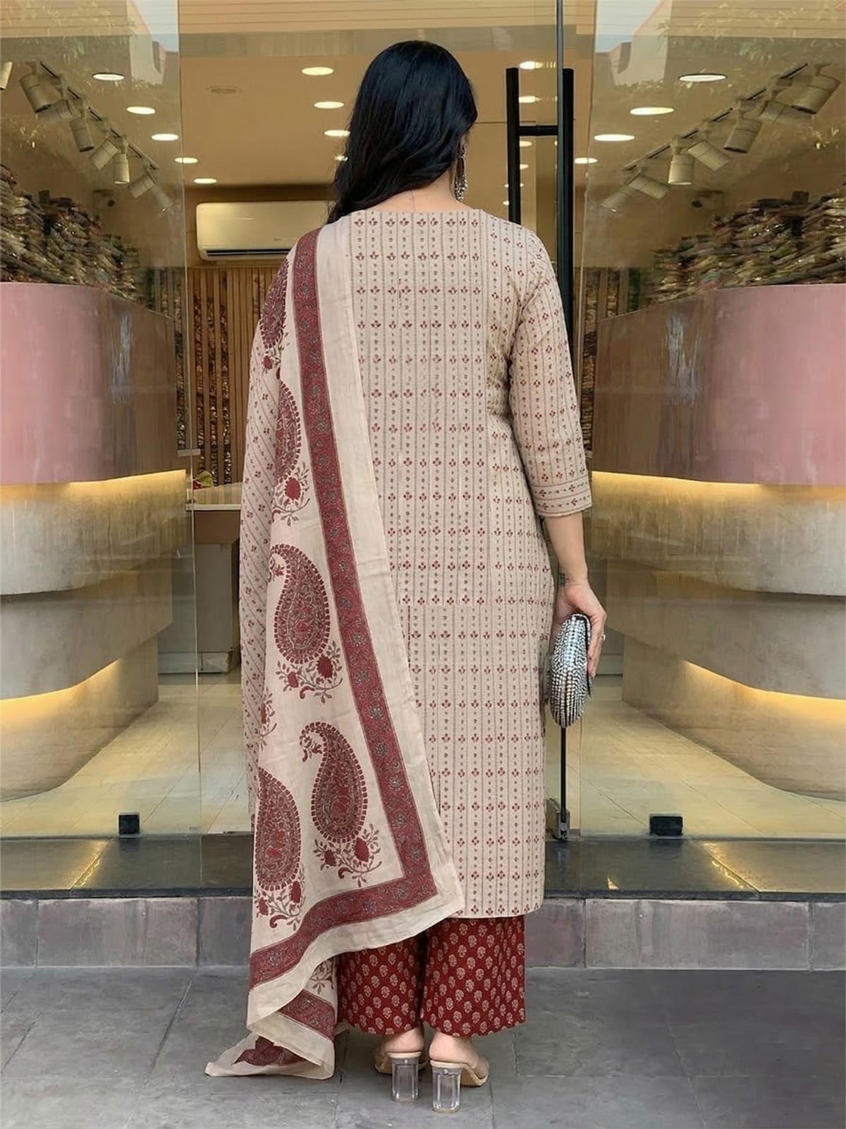 Beige Cherry Printed Cotton Kurta and Pant Set with Dupatta