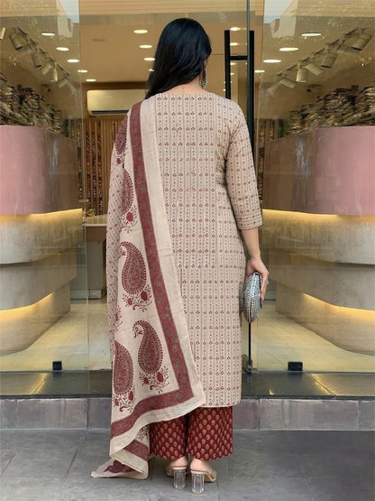 Beige Cherry Printed Cotton Kurta and Pant Set with Dupatta