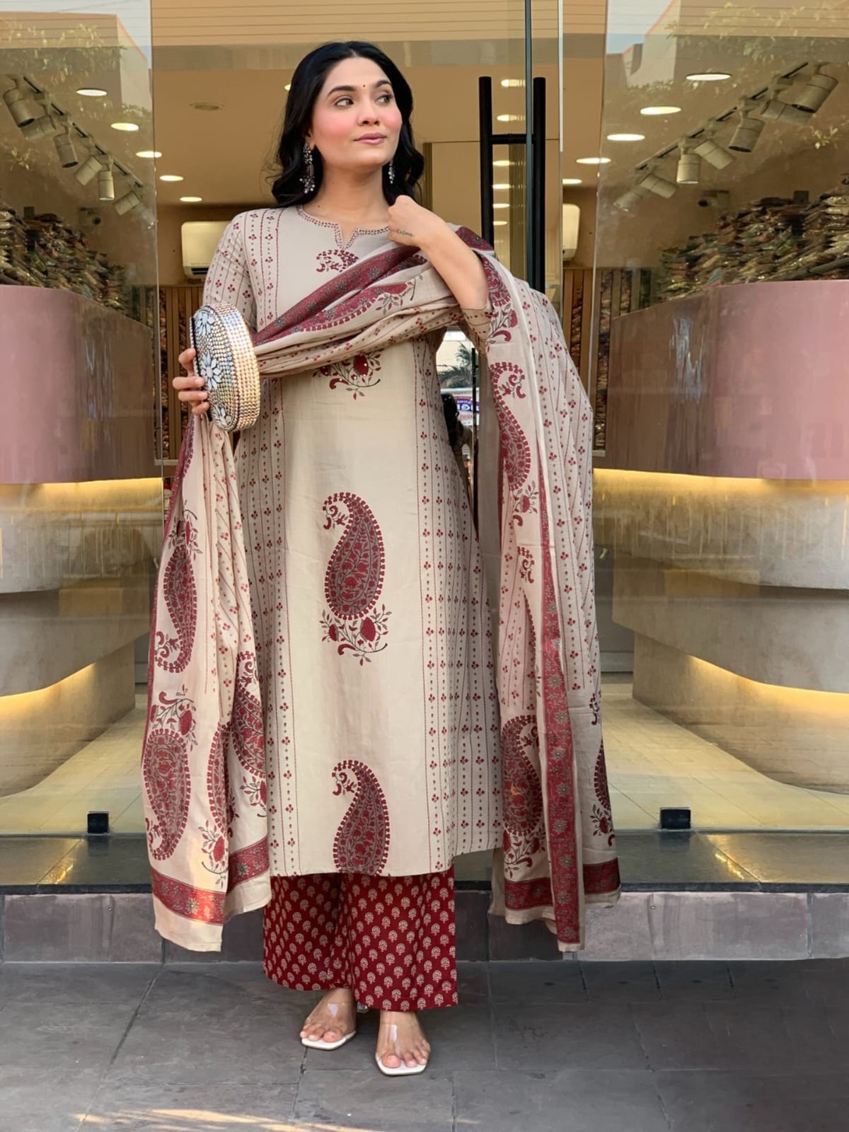 Beige Cherry Printed Cotton Kurta and Pant Set with Dupatta