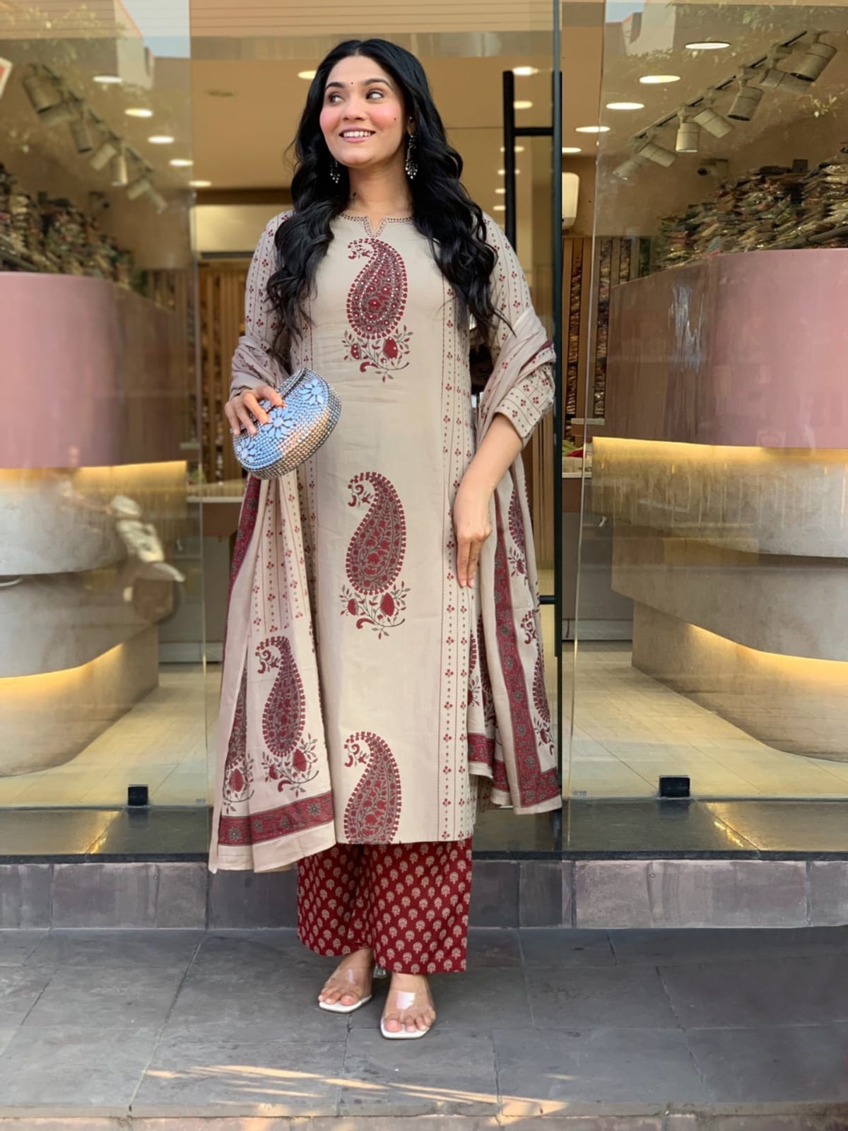 Beige Cherry Printed Cotton Kurta and Pant Set with Dupatta