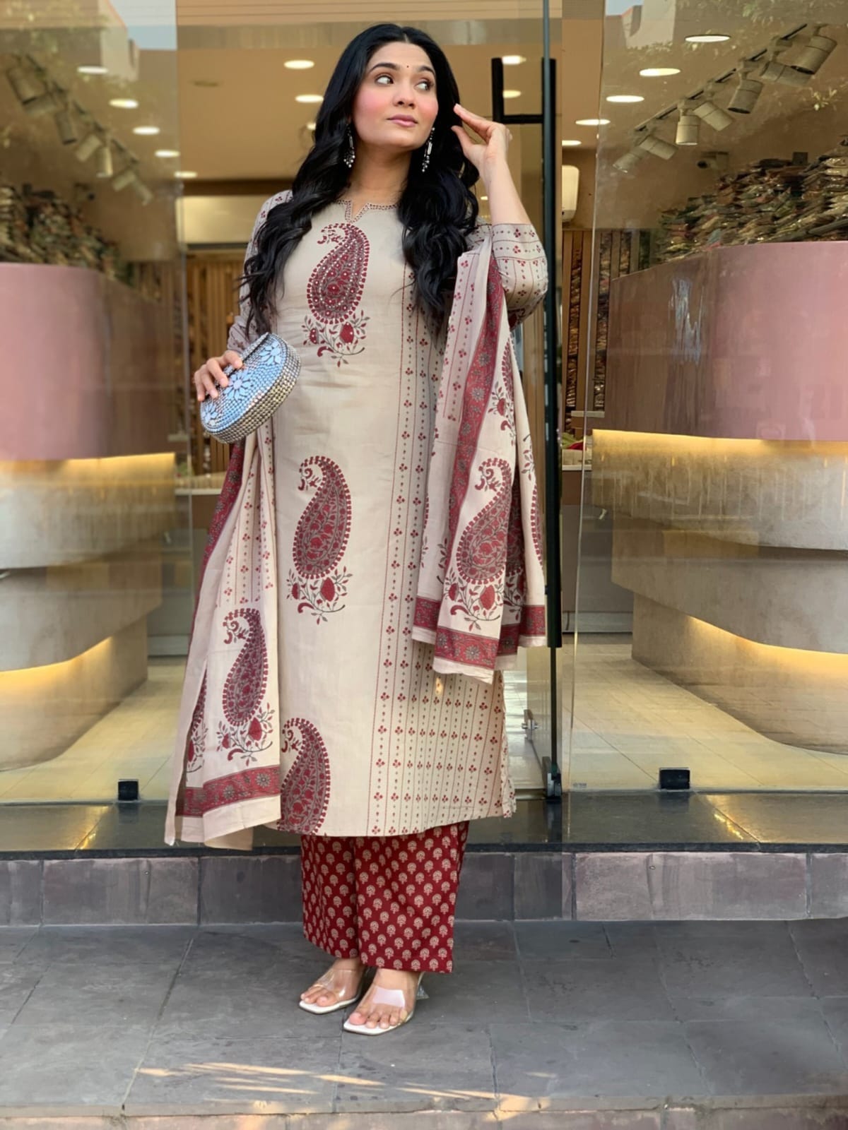 Beige Cherry Printed Cotton Kurta and Pant Set with Dupatta