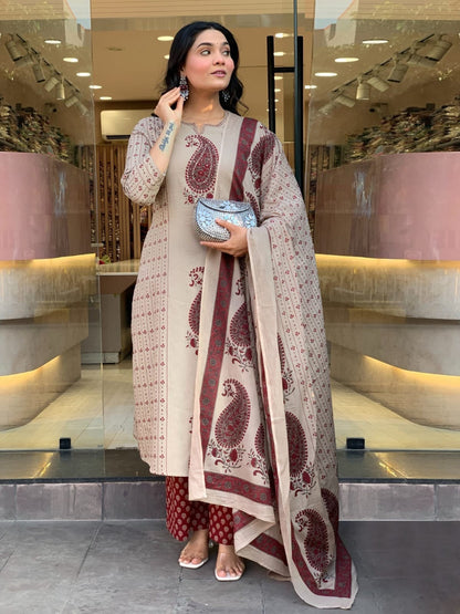 Beige Cherry Printed Cotton Kurta and Pant Set with Dupatta